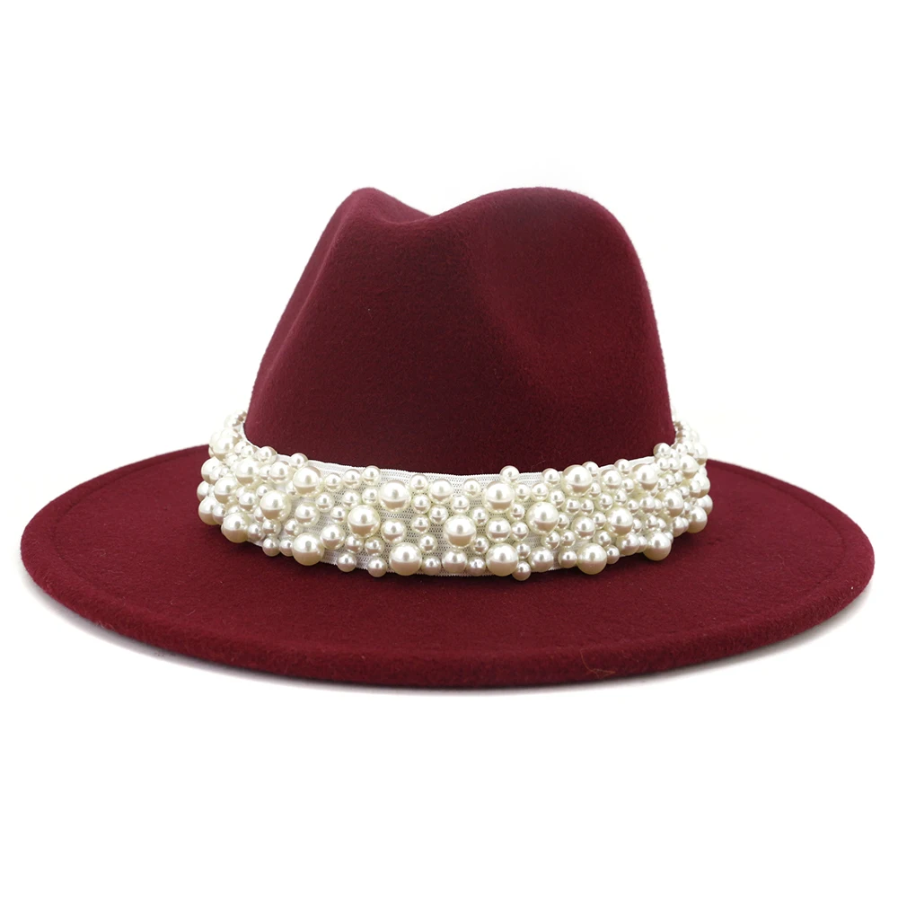 Solid Color Felt Fedora Wool Felt Hat With Pearl for Women MNDJS237