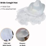 En''an Bride Cowgirl With Veil & Sash Women White Cowboy Hat Bachelorette Decorations Bridal Shower Party Dress up - Image 4