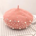 Berets-EA140 High Quality  Winter Warm Beret Cap With Pearl, Wholesale Solid Color Female Women Beaded Wool Hat - Image 2
